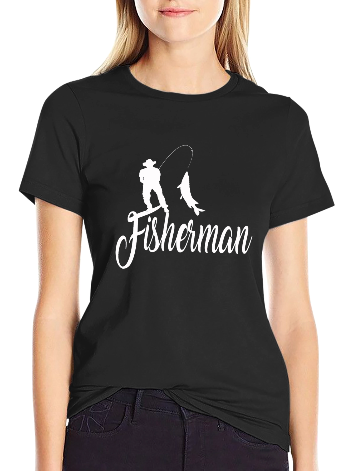 Fisherman Silhouette Graphic Print T-Shirt - Black