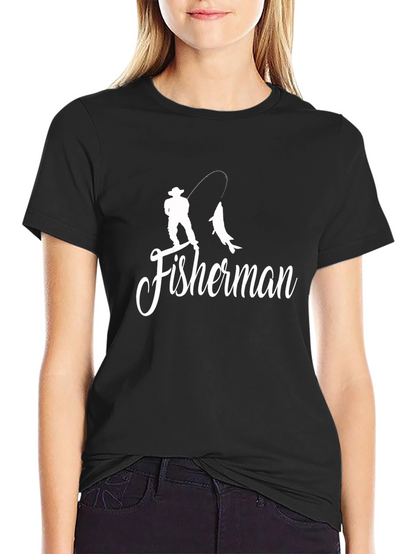 Fisherman Silhouette Graphic Print T-Shirt - Black