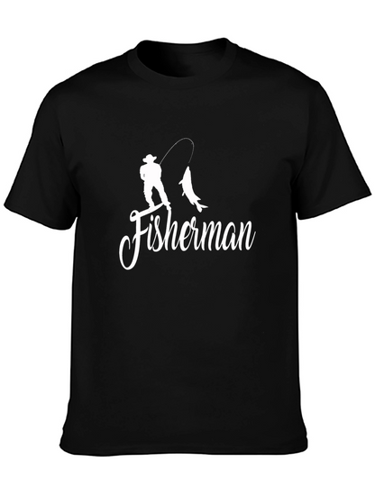 Fisherman Silhouette Graphic Print T-Shirt - Black