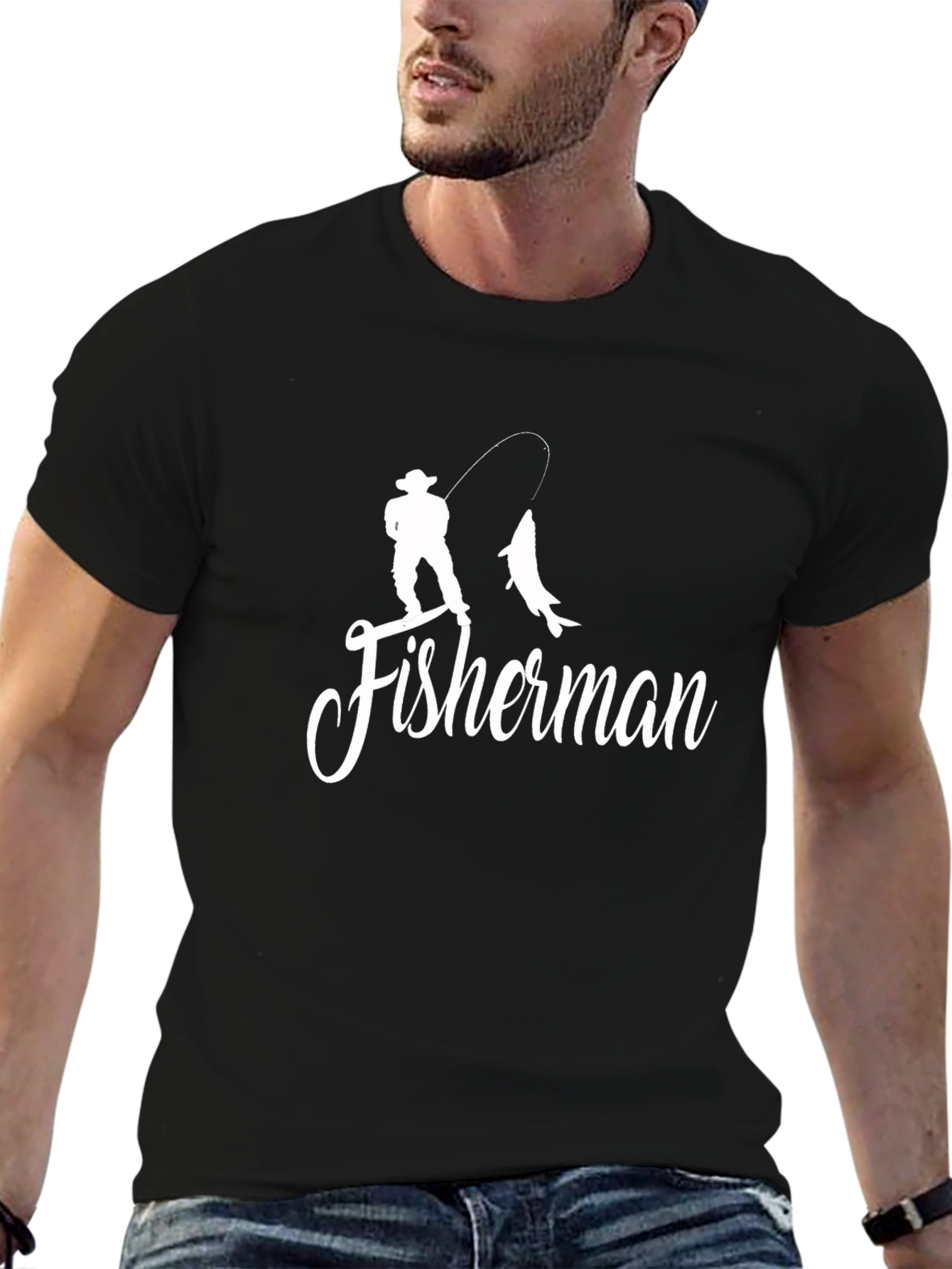 Fisherman Silhouette Graphic Print T-Shirt - Black