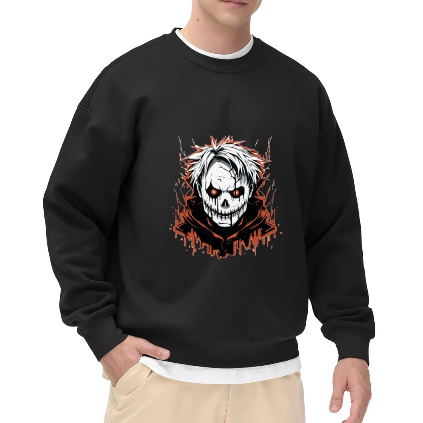 Horror-Themed Skull Graphic Crewneck with Dripping Effects