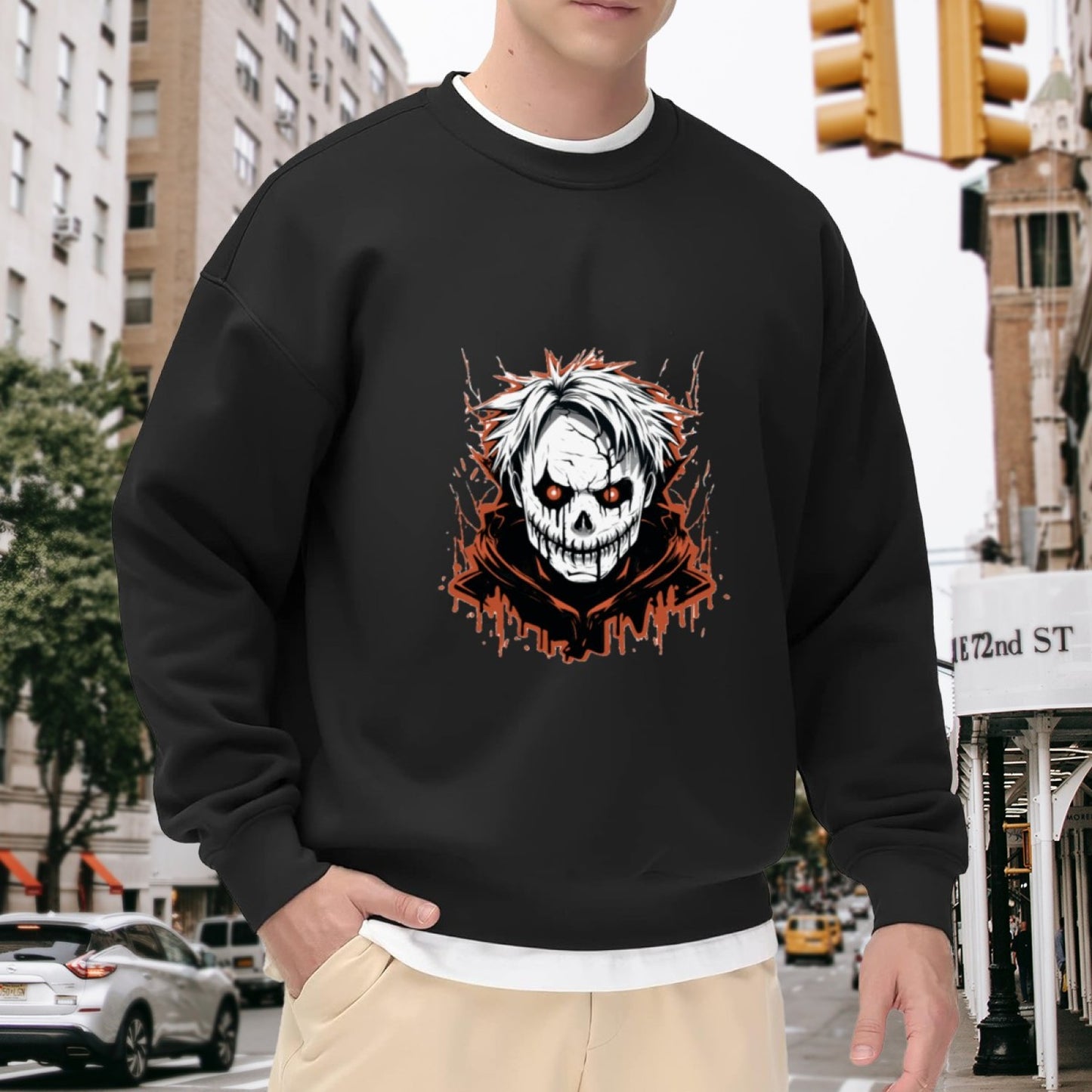 Horror-Themed Skull Graphic Crewneck with Dripping Effects