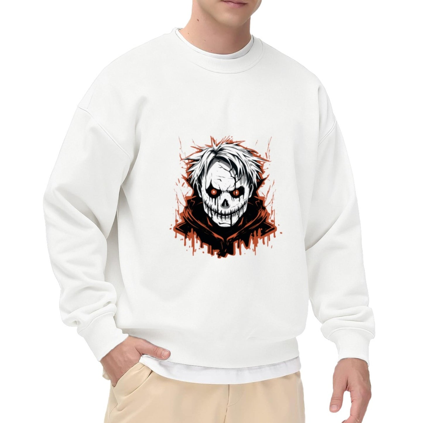 Horror-Themed Skull Graphic Crewneck with Dripping Effects