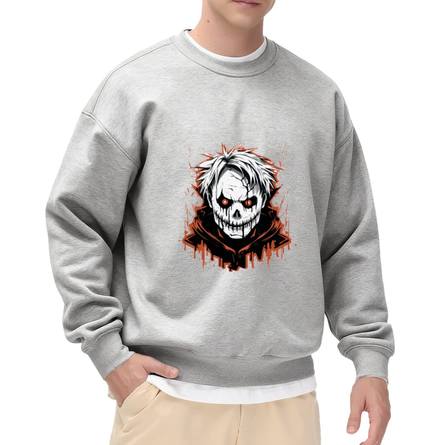Horror-Themed Skull Graphic Crewneck with Dripping Effects
