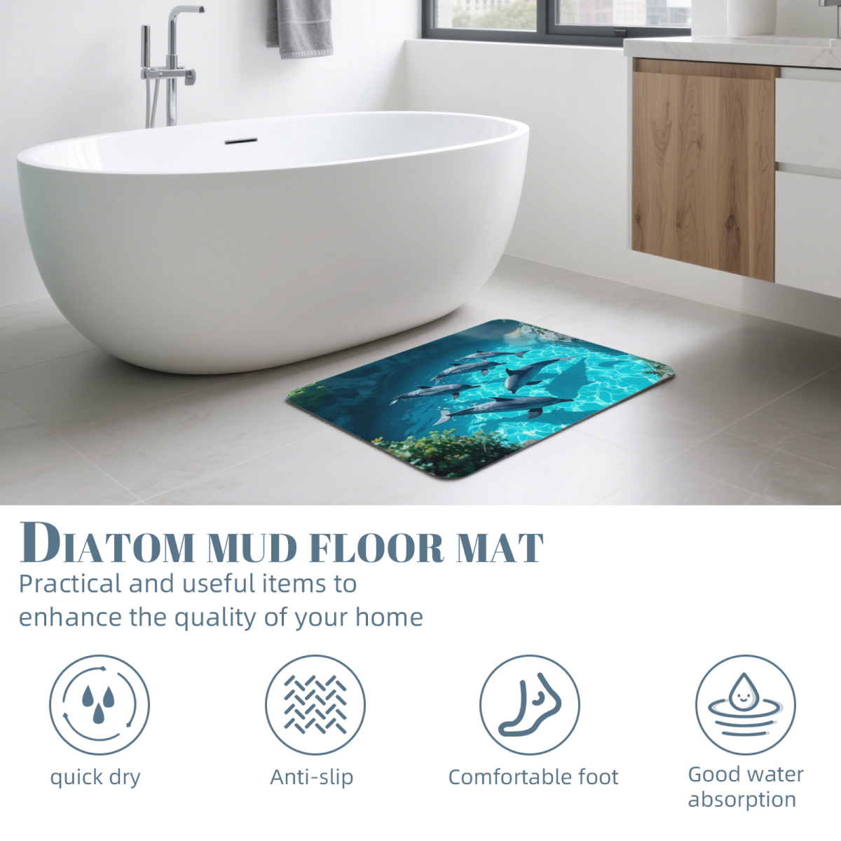 Swimming Dolphin Ocean Pool View Diatomite Bath Mat