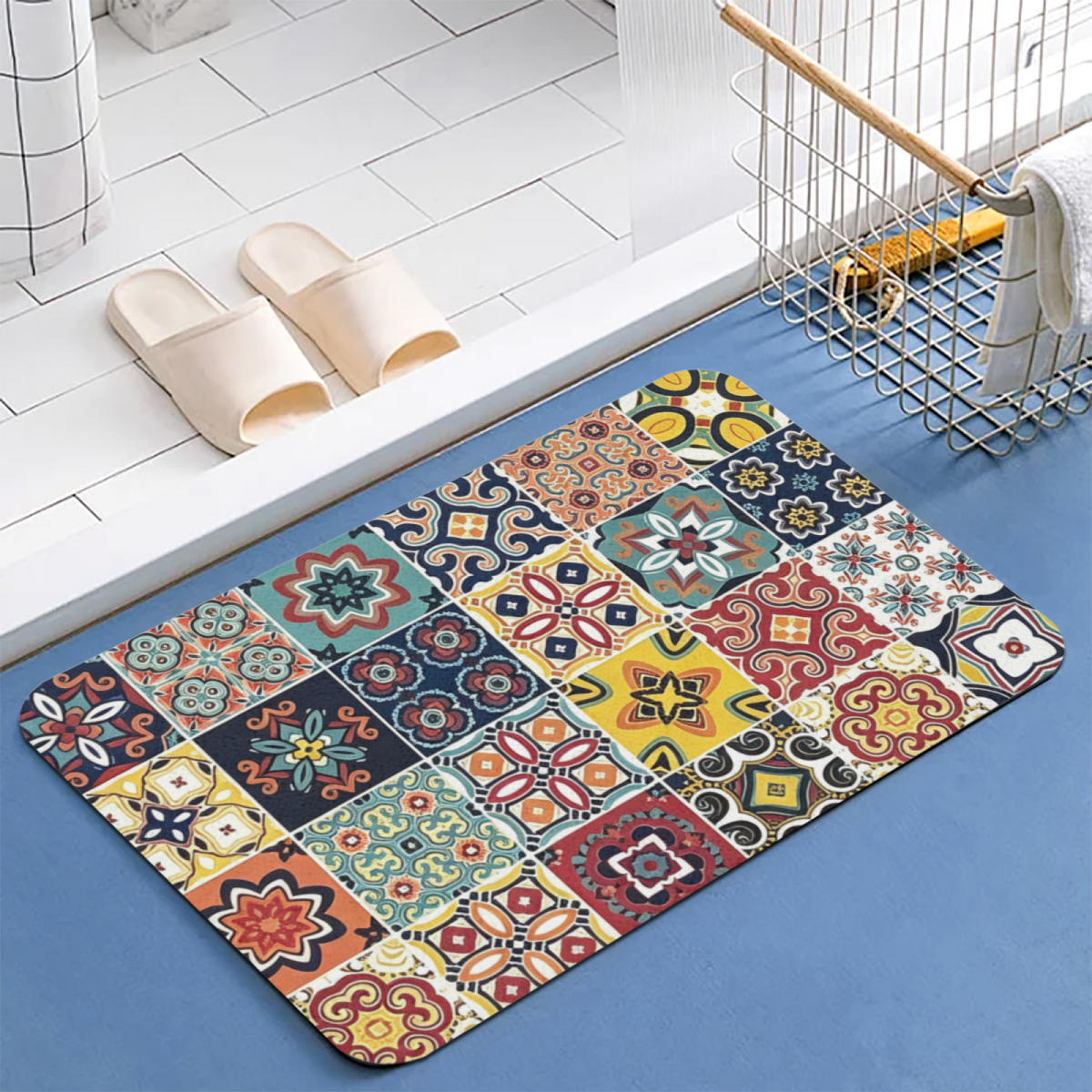 Retro Mexican Tile Mosaic£üExotic Retro Mosaic Tile Diatomite Mat, Moroccan Style Decor Absorbent Non?Slip Bathroom Entry Rug
