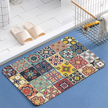 Retro Mexican Tile Mosaic£üExotic Retro Mosaic Tile Diatomite Mat, Moroccan Style Decor Absorbent Non?Slip Bathroom Entry Rug