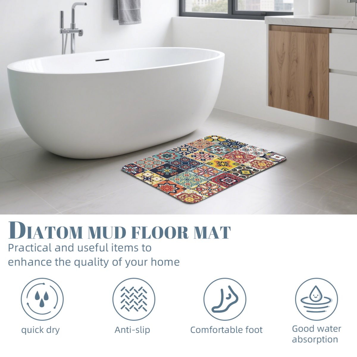 Retro Mexican Tile Mosaic£üExotic Retro Mosaic Tile Diatomite Mat, Moroccan Style Decor Absorbent Non?Slip Bathroom Entry Rug