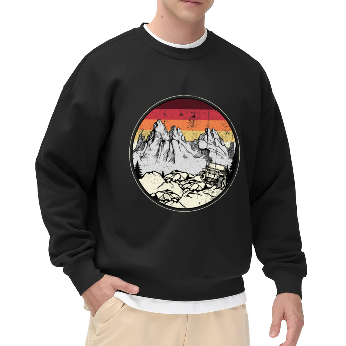 Retro Sunset Jeep Adventure Crewneck Sweatshirt - Vintage Mountain Landscape Pullover