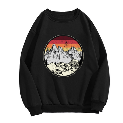 Retro Sunset Jeep Adventure Crewneck Sweatshirt - Vintage Mountain Landscape Pullover