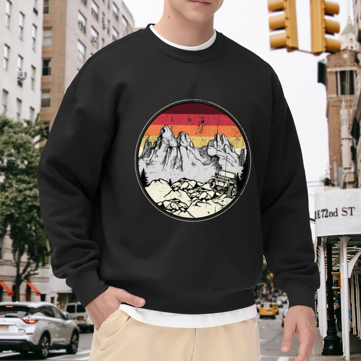Retro Sunset Jeep Adventure Crewneck Sweatshirt - Vintage Mountain Landscape Pullover