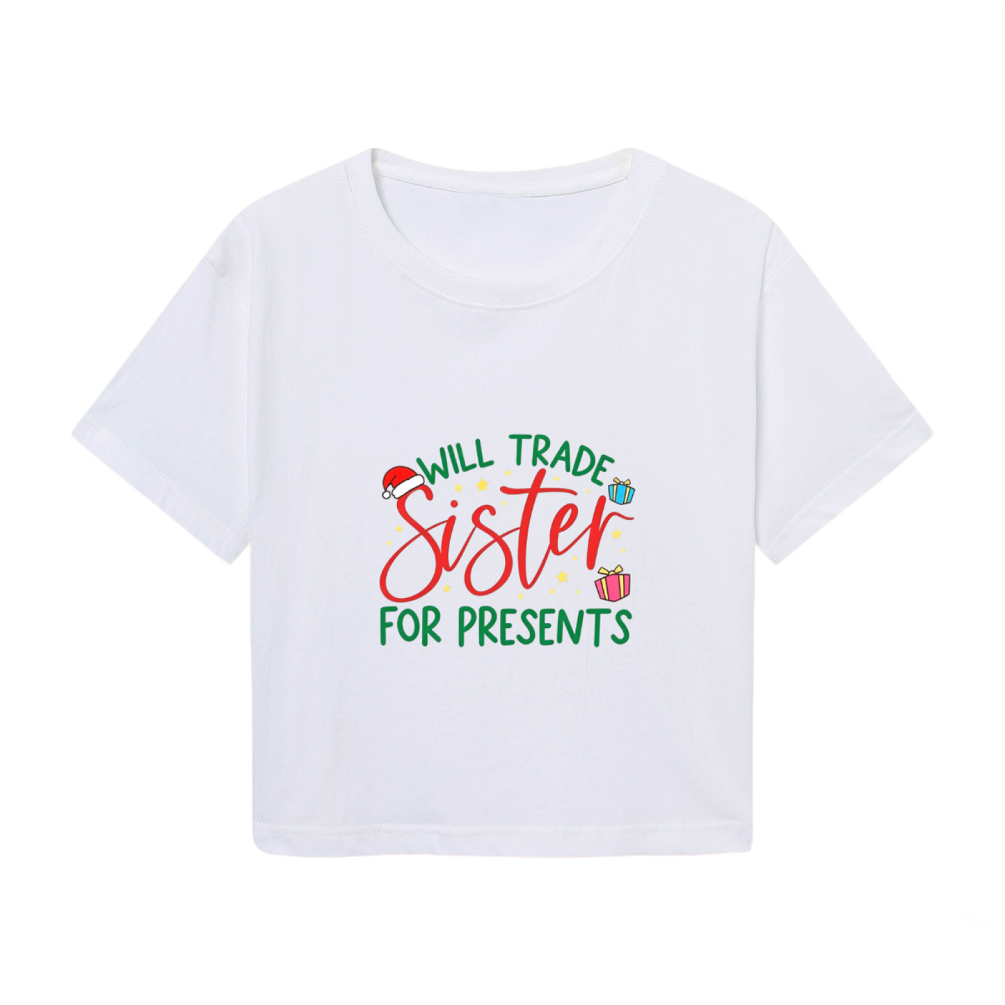 Will Trade Sister For Presents Funny Christmas Graphic Crop Top