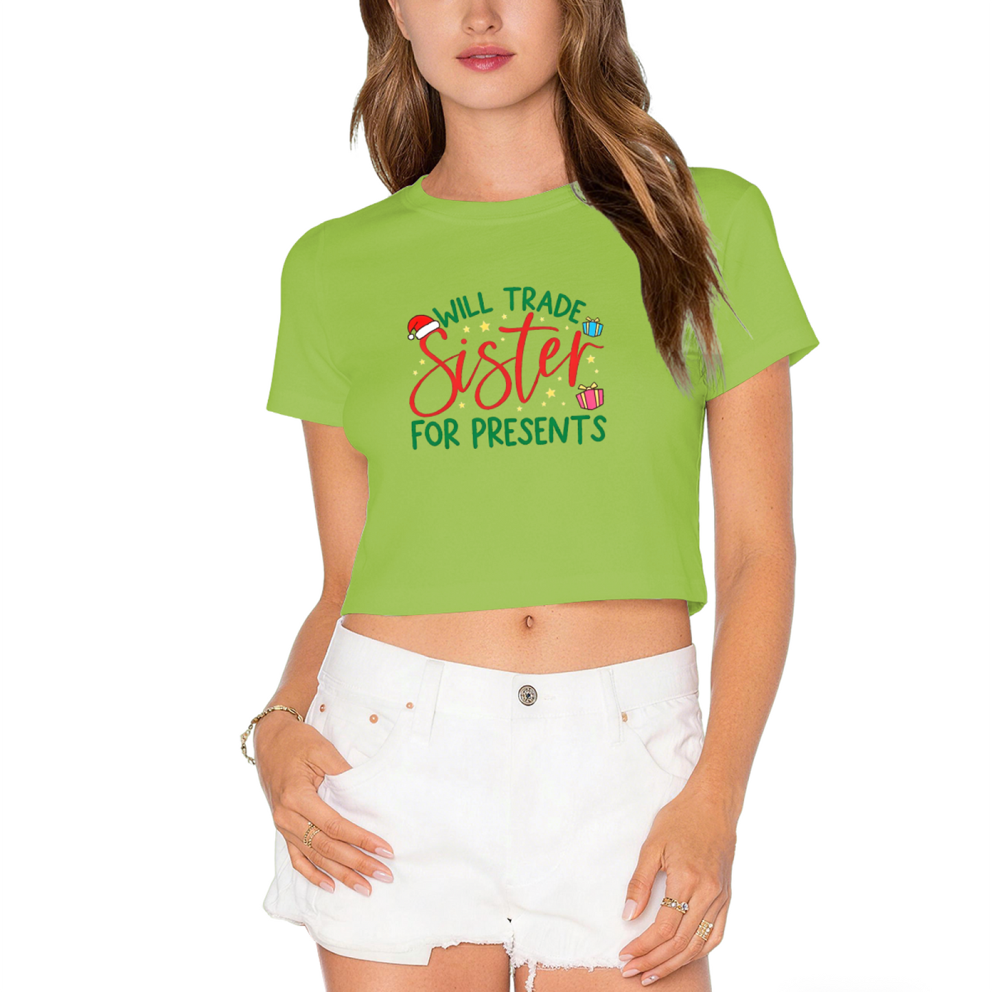 Will Trade Sister For Presents Funny Christmas Graphic Crop Top