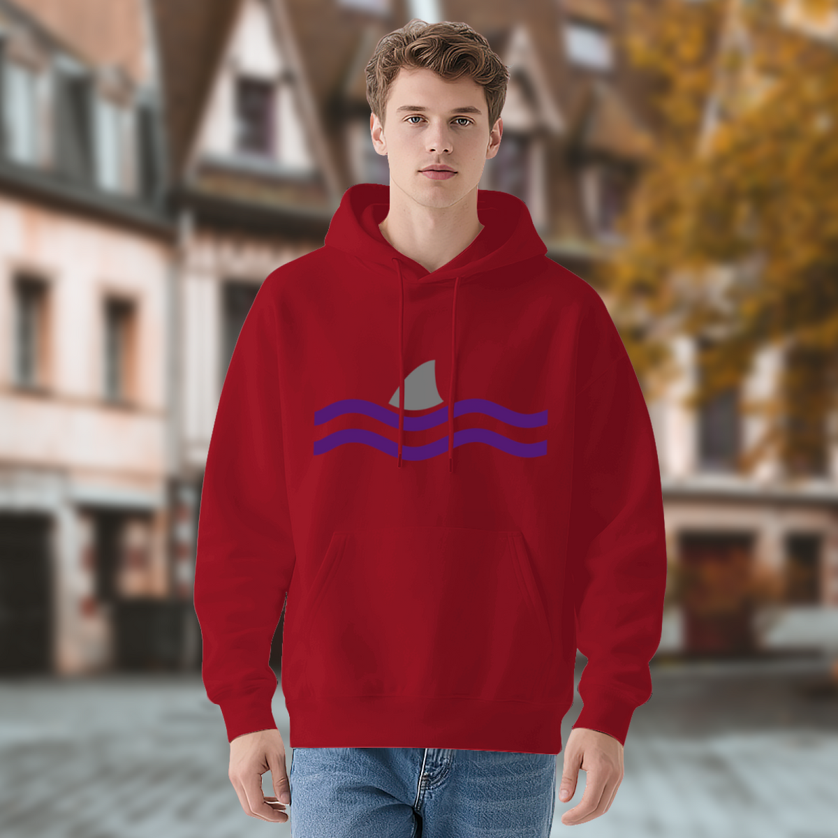 Minimalist Shark Fin Ocean Wave Red Hoodie