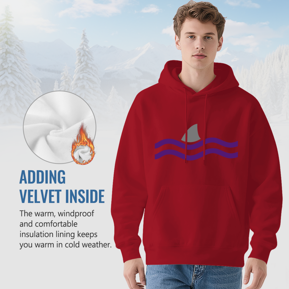 Minimalist Shark Fin Ocean Wave Red Hoodie