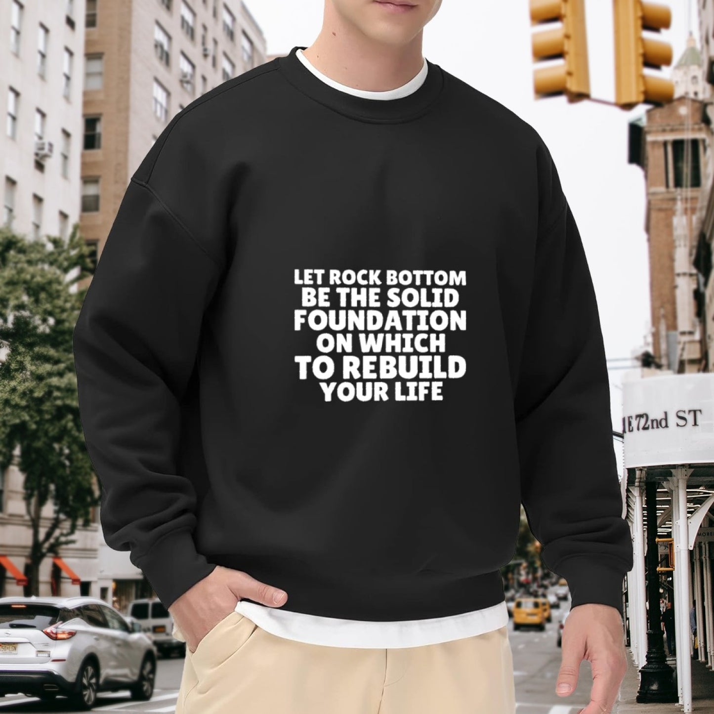 Playful "Rock Bottom As Foundation" Motivational Graphic Sweatshirt