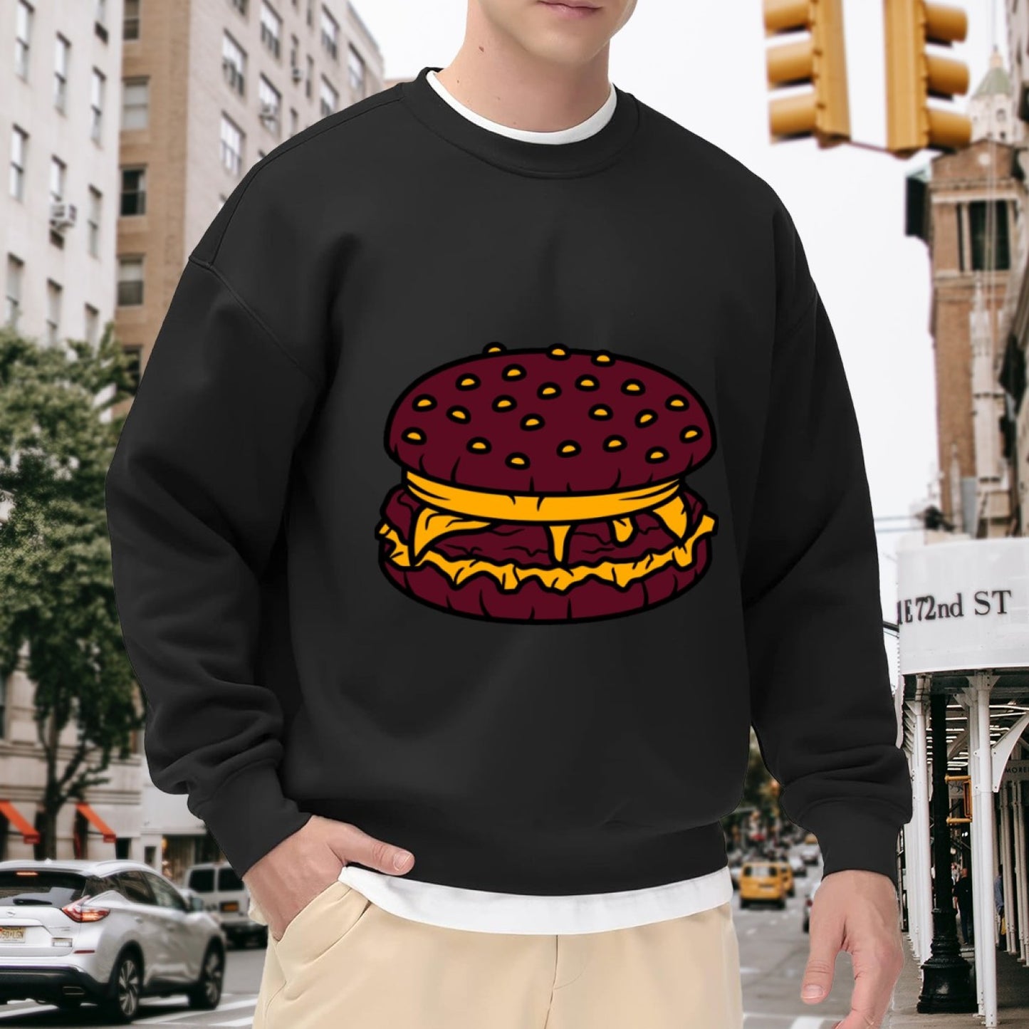 Playful Cheesy Burger Print Crewneck Sweatshirt