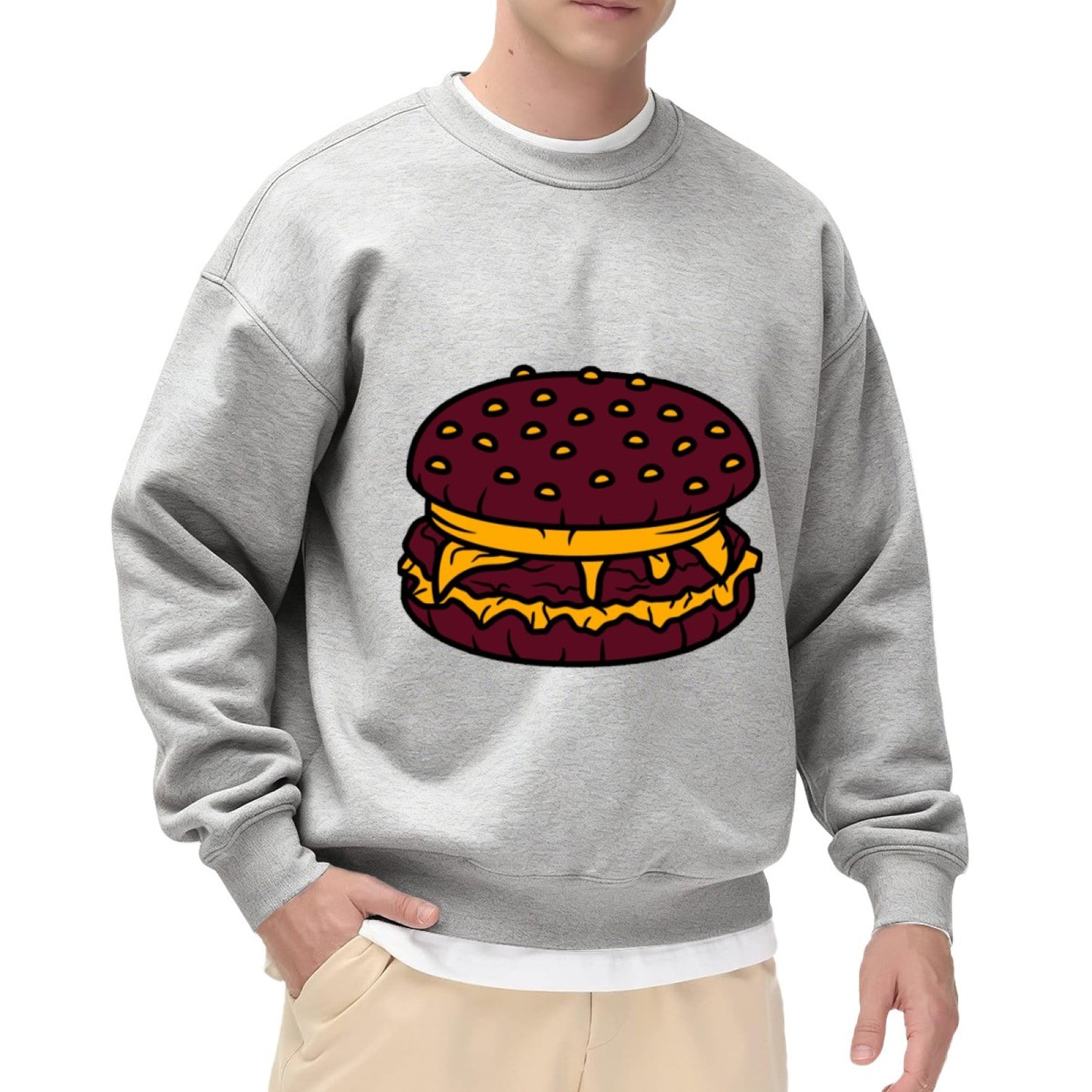 Playful Cheesy Burger Print Crewneck Sweatshirt