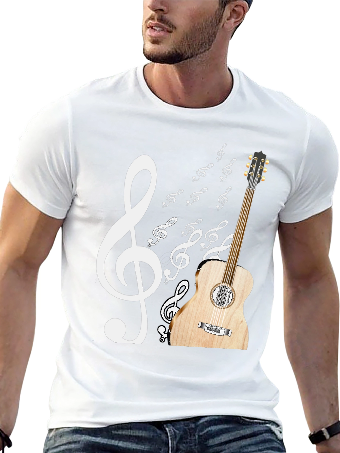 Musical Graphic T-Shirt: Guitar & Treble Clef Design