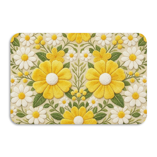 Embroidered Style Daisy Floral£üImitation Embroidery Yellow White Daisy Floral Diatomite Mat, Fresh Non?Slip Bathroom Entry Floor Rug