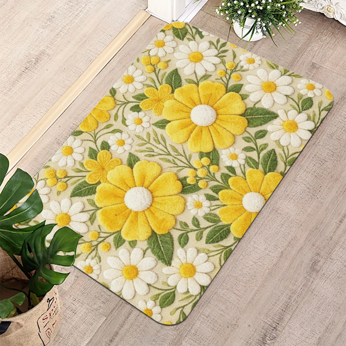 Embroidered Style Daisy Floral£üImitation Embroidery Yellow White Daisy Floral Diatomite Mat, Fresh Non?Slip Bathroom Entry Floor Rug