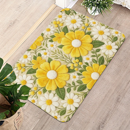 Embroidered Style Daisy Floral£üImitation Embroidery Yellow White Daisy Floral Diatomite Mat, Fresh Non?Slip Bathroom Entry Floor Rug
