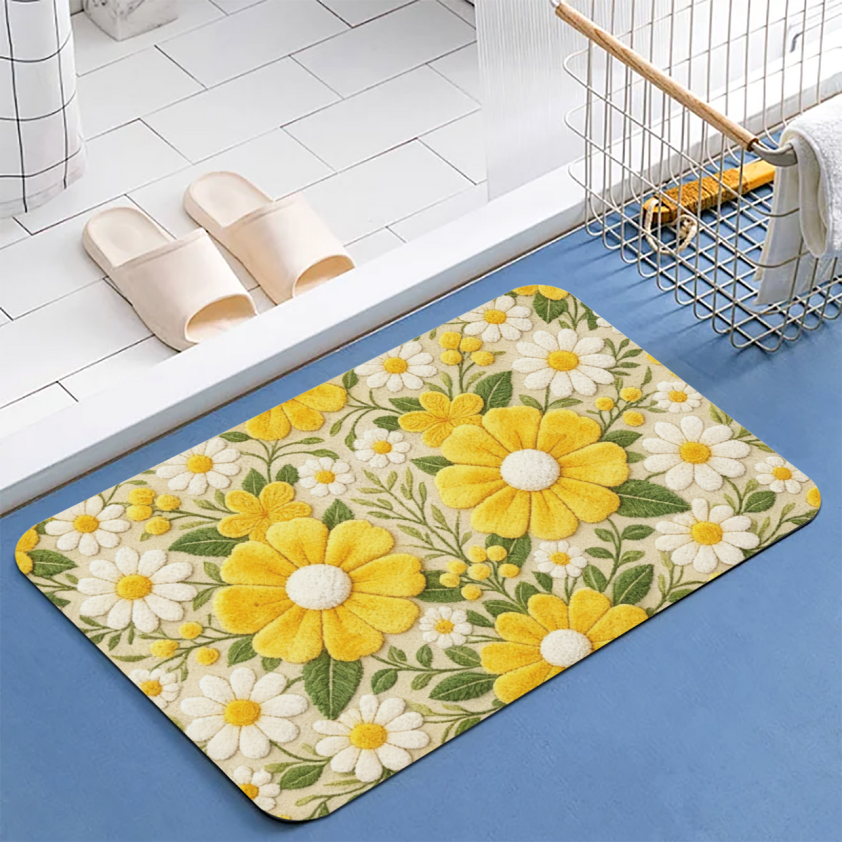 Embroidered Style Daisy Floral£üImitation Embroidery Yellow White Daisy Floral Diatomite Mat, Fresh Non?Slip Bathroom Entry Floor Rug