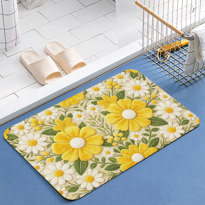 Embroidered Style Daisy Floral£üImitation Embroidery Yellow White Daisy Floral Diatomite Mat, Fresh Non?Slip Bathroom Entry Floor Rug