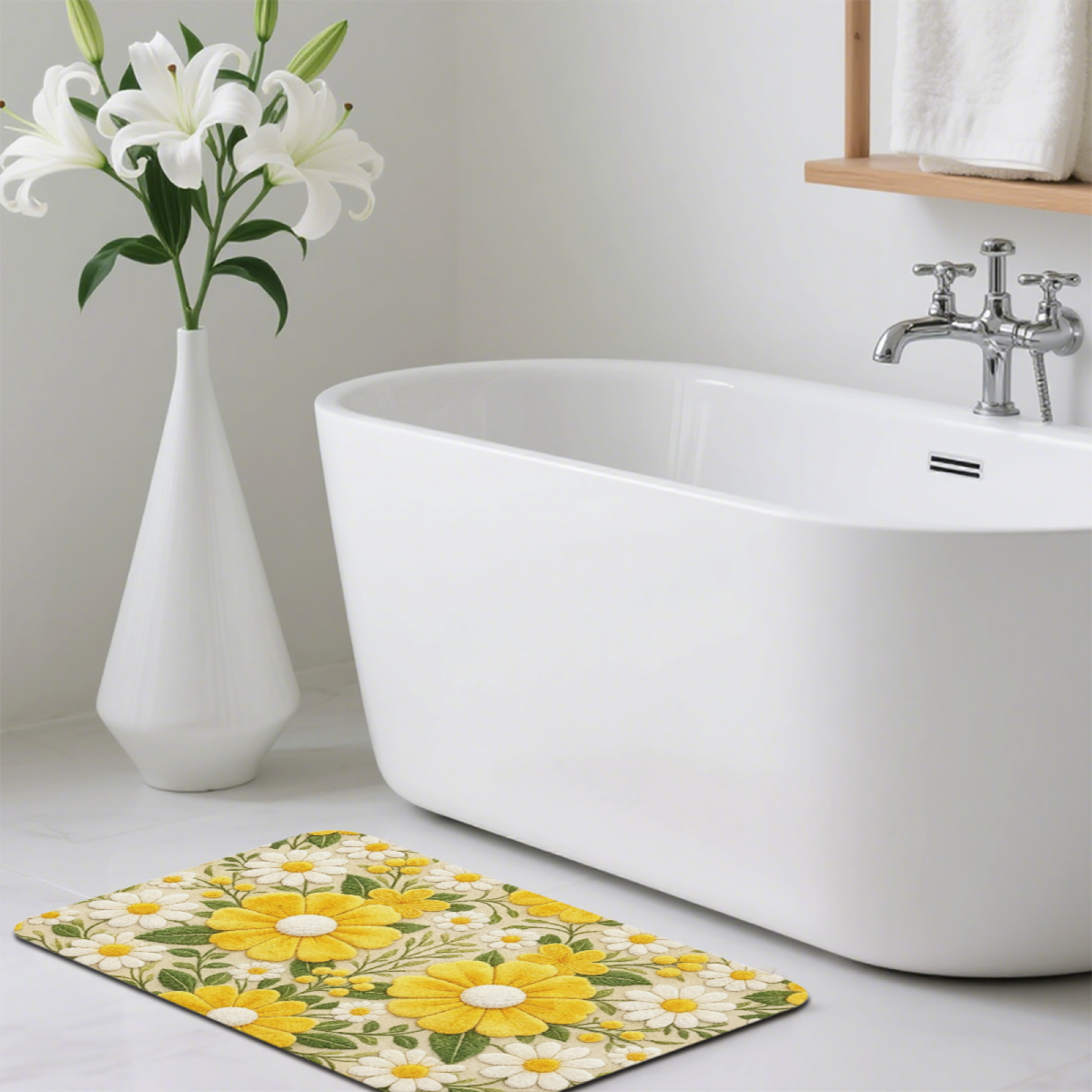 Embroidered Style Daisy Floral£üImitation Embroidery Yellow White Daisy Floral Diatomite Mat, Fresh Non?Slip Bathroom Entry Floor Rug