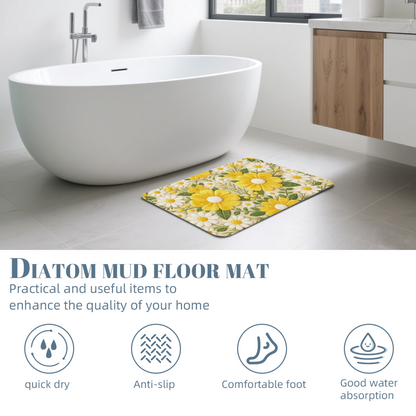 Embroidered Style Daisy Floral£üImitation Embroidery Yellow White Daisy Floral Diatomite Mat, Fresh Non?Slip Bathroom Entry Floor Rug