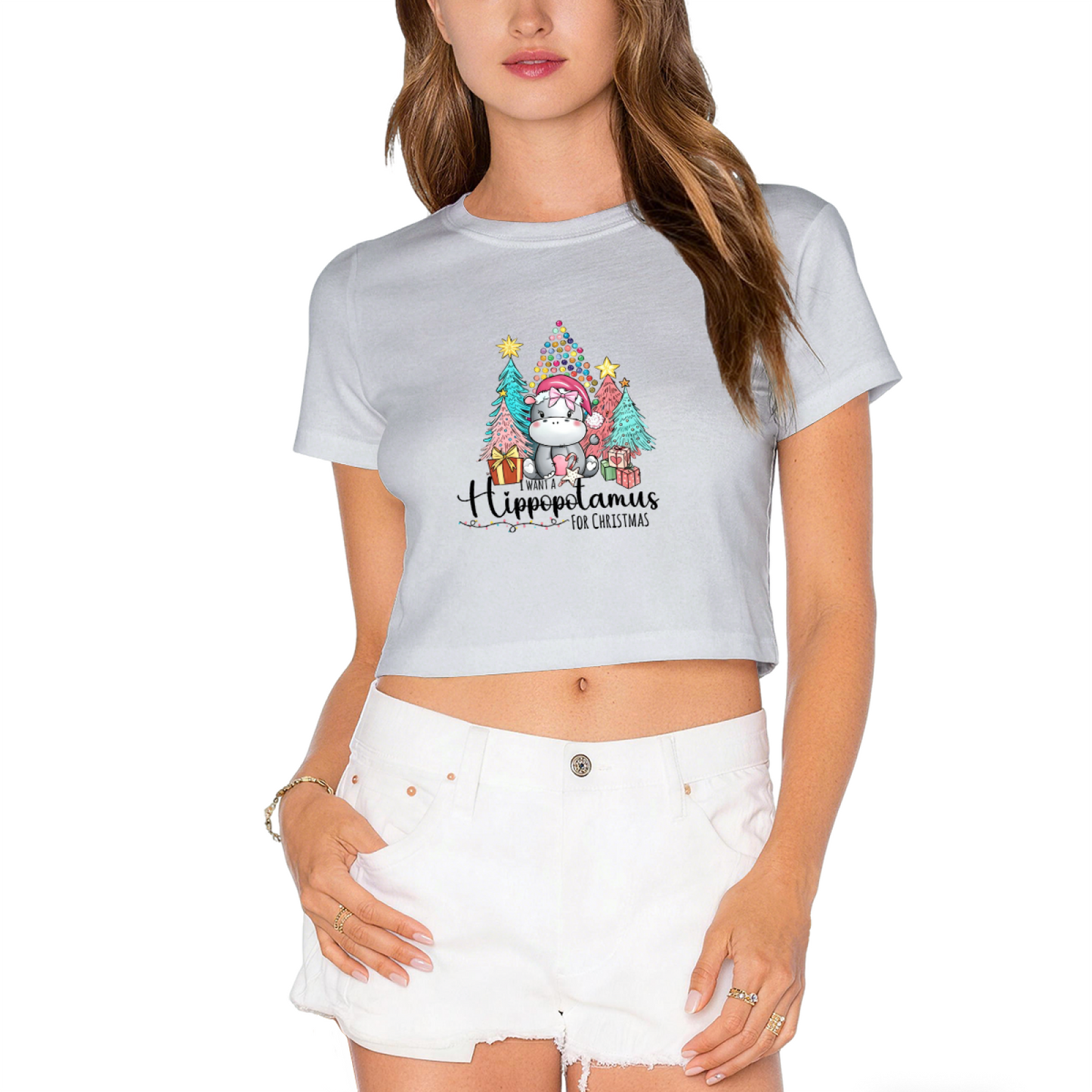 Cute Hippopotamus Christmas Tree X?mas Party Red Crop Tee