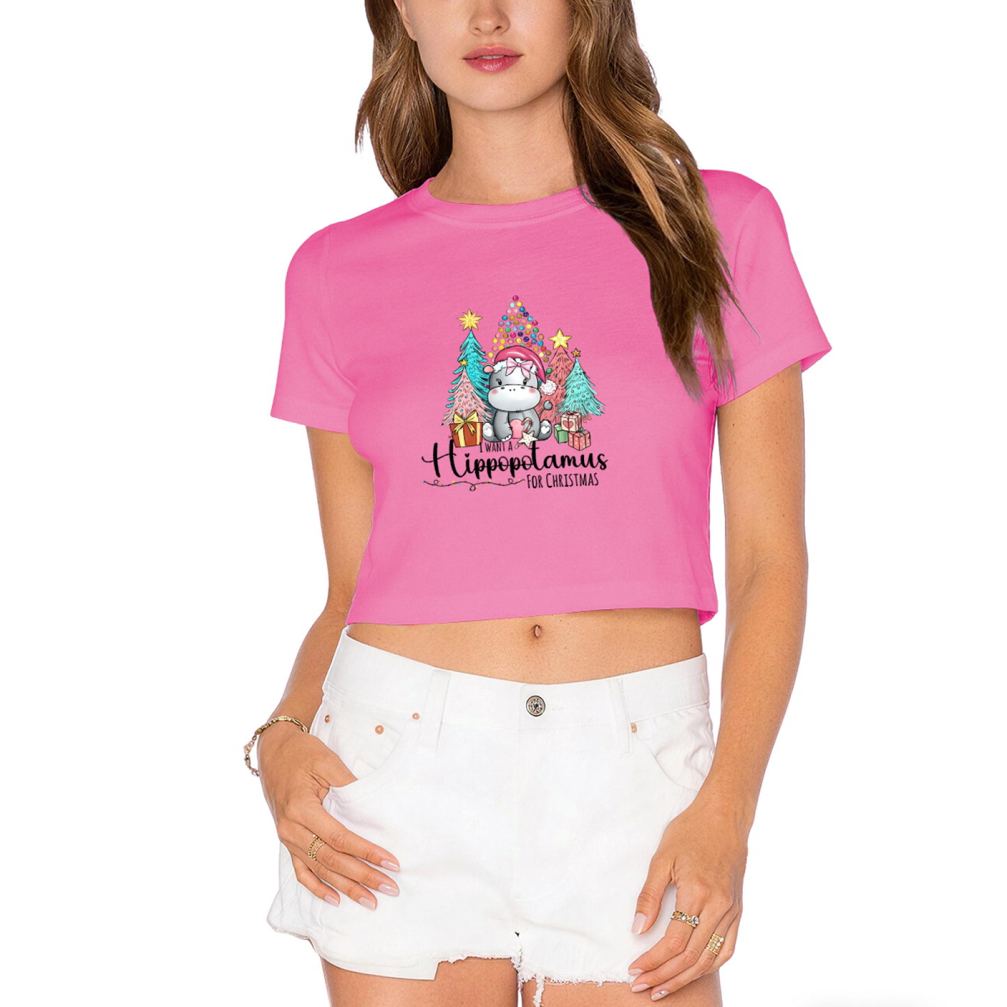 Cute Hippopotamus Christmas Tree X?mas Party Red Crop Tee