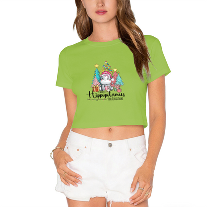 Cute Hippopotamus Christmas Tree X?mas Party Red Crop Tee