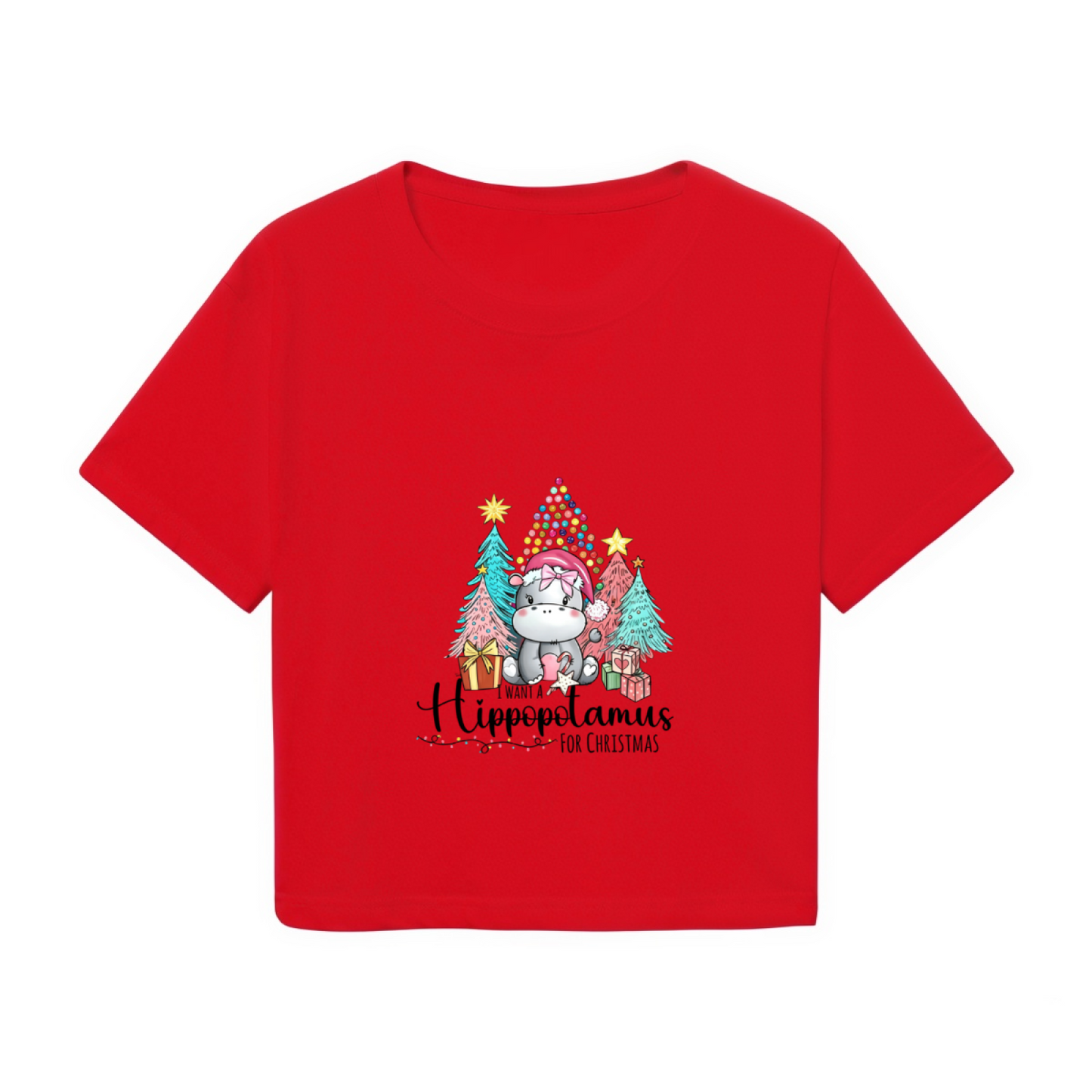 Cute Hippopotamus Christmas Tree X?mas Party Red Crop Tee