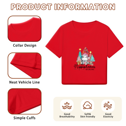 Cute Hippopotamus Christmas Tree X?mas Party Red Crop Tee