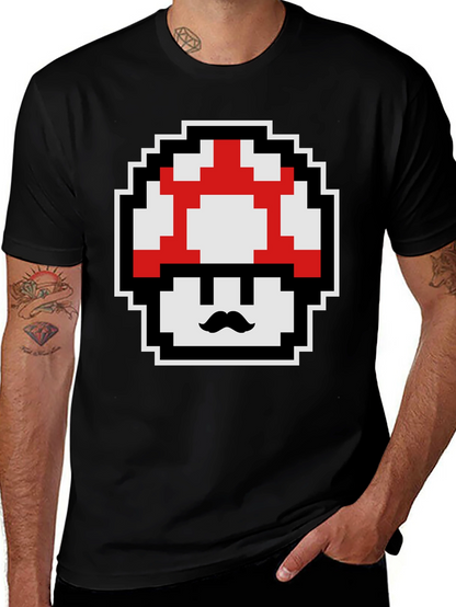 Retro Pixel Mushroom Graphic Tee - Black Cotton Blend