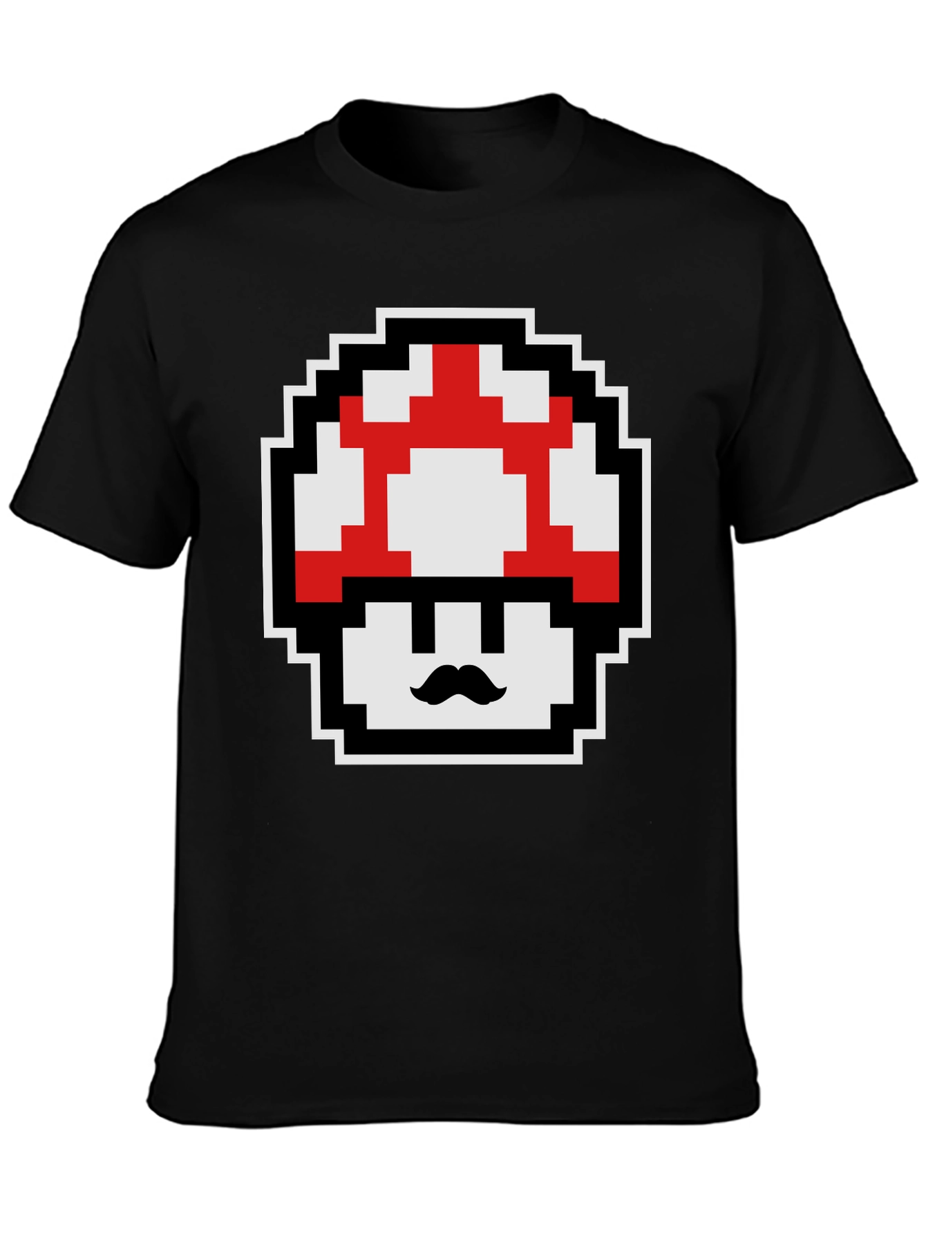 Retro Pixel Mushroom Graphic Tee - Black Cotton Blend