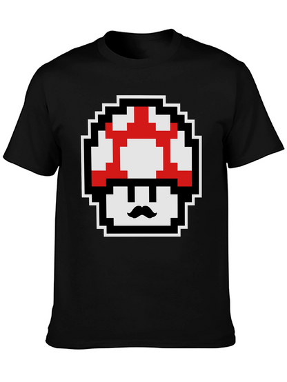 Retro Pixel Mushroom Graphic Tee - Black Cotton Blend