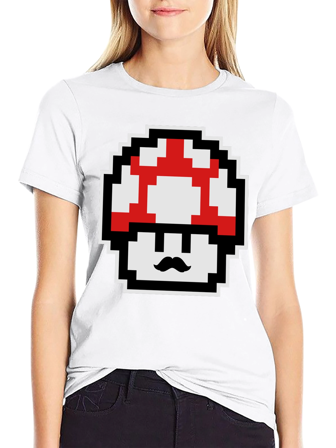 Retro Pixel Mushroom Graphic Tee - Black Cotton Blend