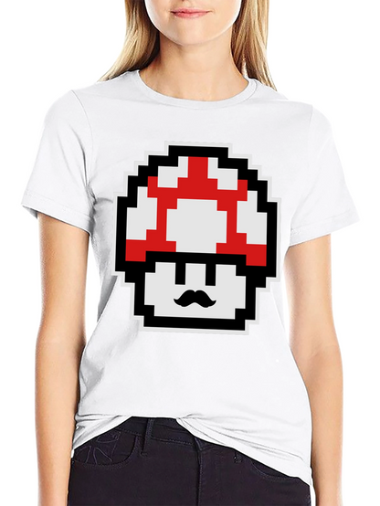 Retro Pixel Mushroom Graphic Tee - Black Cotton Blend