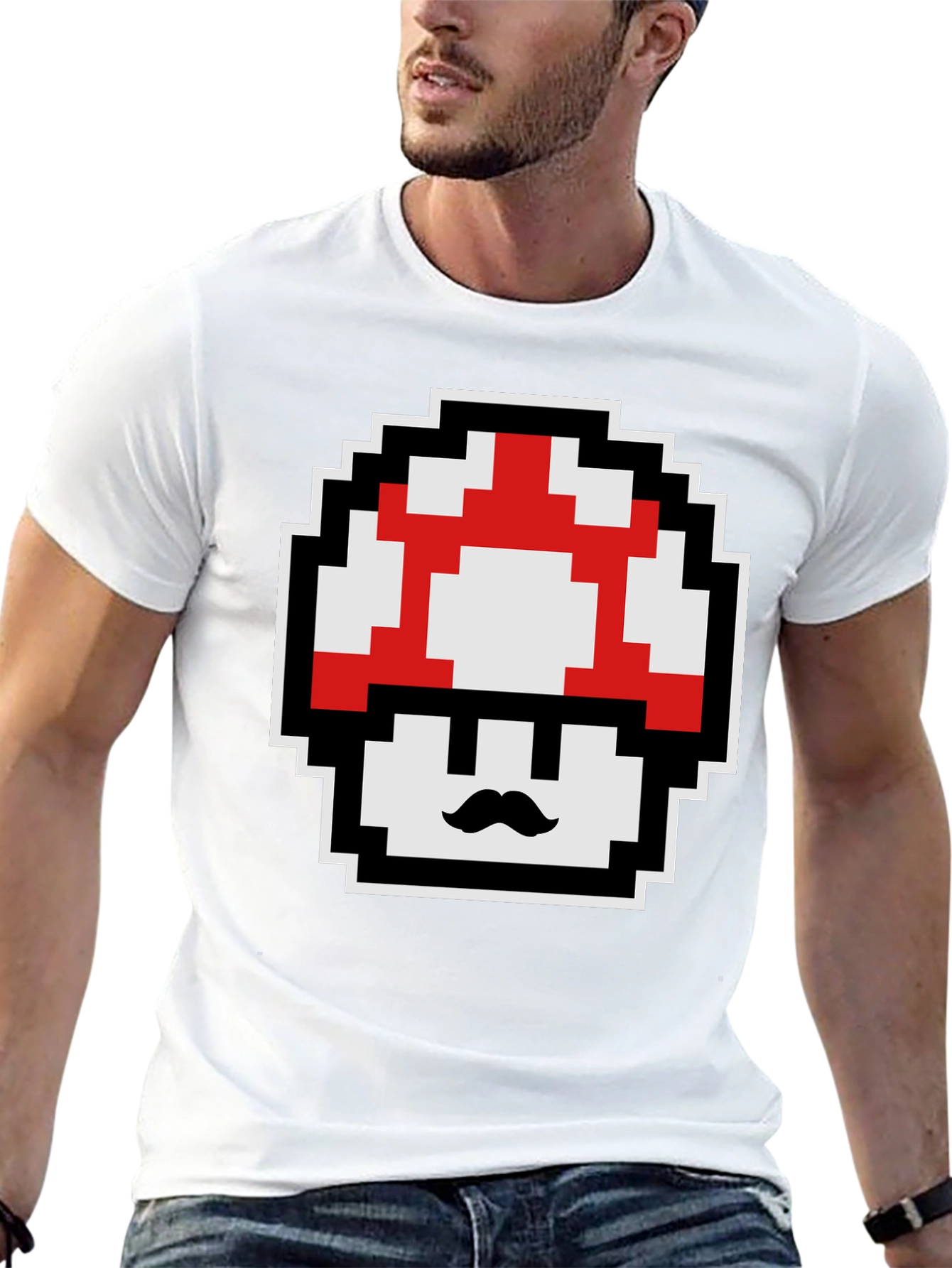 Retro Pixel Mushroom Graphic Tee - Black Cotton Blend