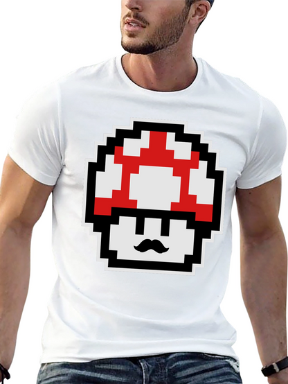 Retro Pixel Mushroom Graphic Tee - Black Cotton Blend
