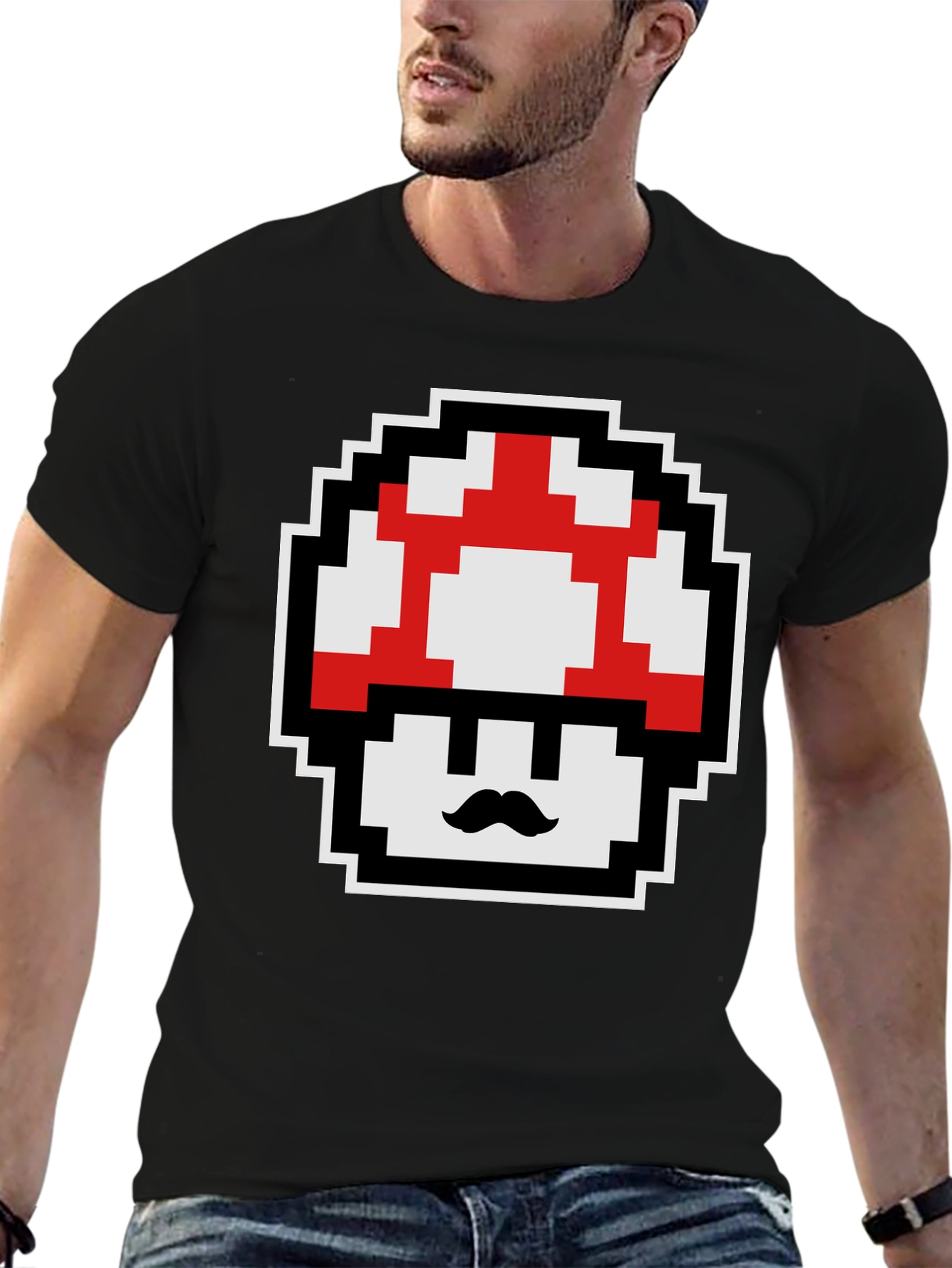 Retro Pixel Mushroom Graphic Tee - Black Cotton Blend
