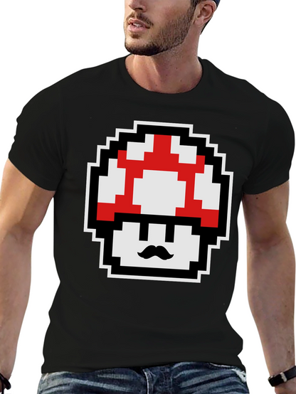 Retro Pixel Mushroom Graphic Tee - Black Cotton Blend
