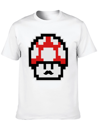Retro Pixel Mushroom Graphic Tee - Black Cotton Blend