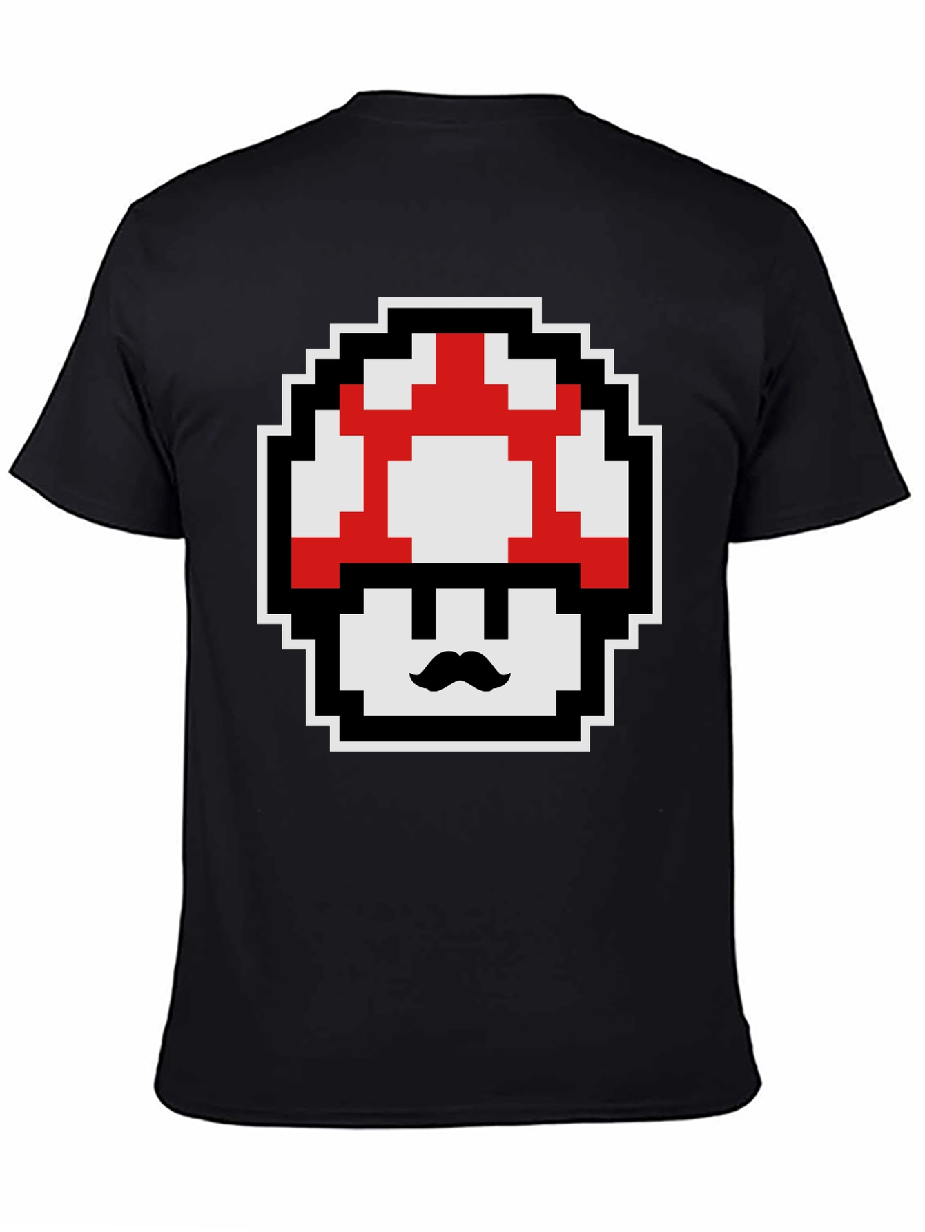 Retro Pixel Mushroom Graphic Tee - Black Cotton Blend