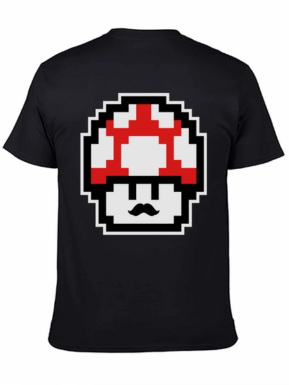 Retro Pixel Mushroom Graphic Tee - Black Cotton Blend
