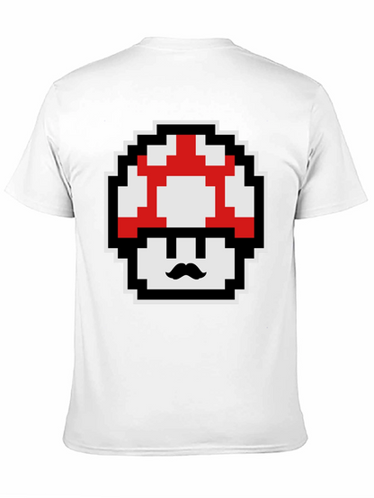 Retro Pixel Mushroom Graphic Tee - Black Cotton Blend