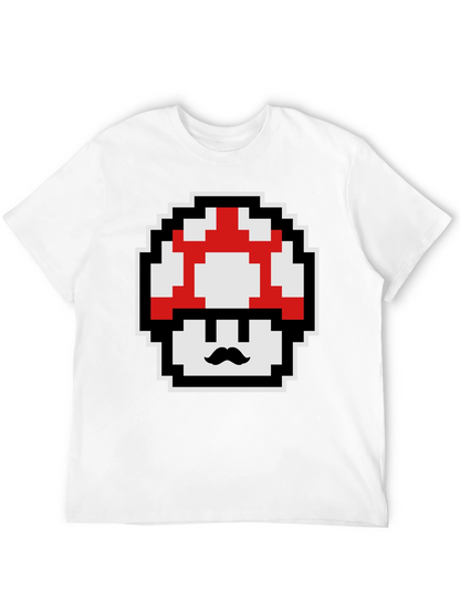 Retro Pixel Mushroom Graphic Tee - Black Cotton Blend