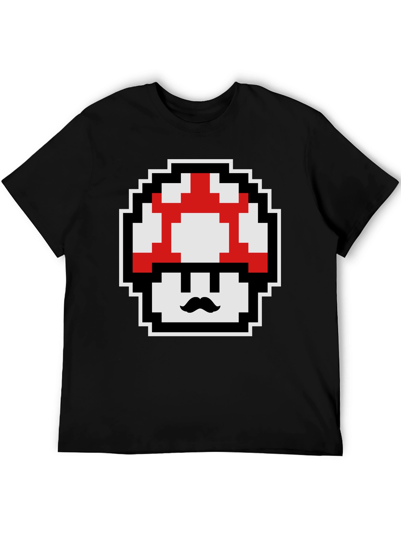 Retro Pixel Mushroom Graphic Tee - Black Cotton Blend